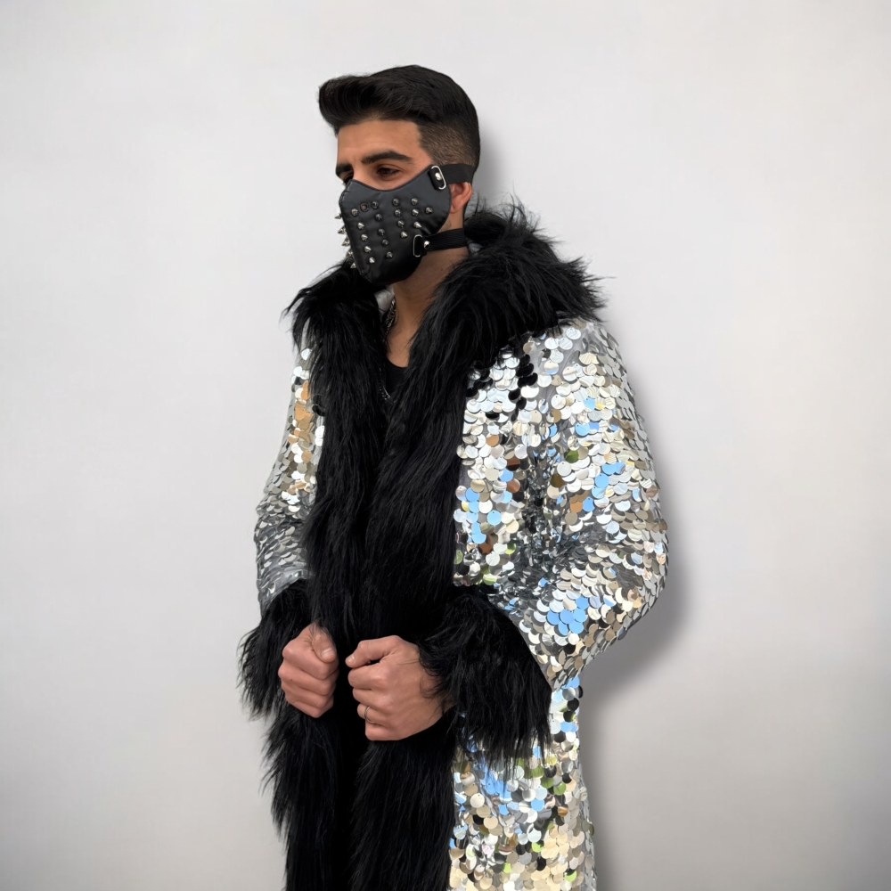 מעיל פאייטים עם פרווה דגם "Midnight Royale"- כסוף